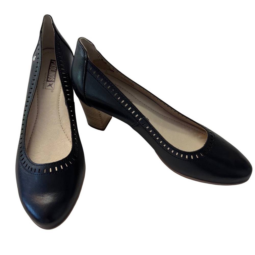 Pikolinos Black Leather Block Heel Pumps EU 37 US 6.5-7 Comfort Career Shoes